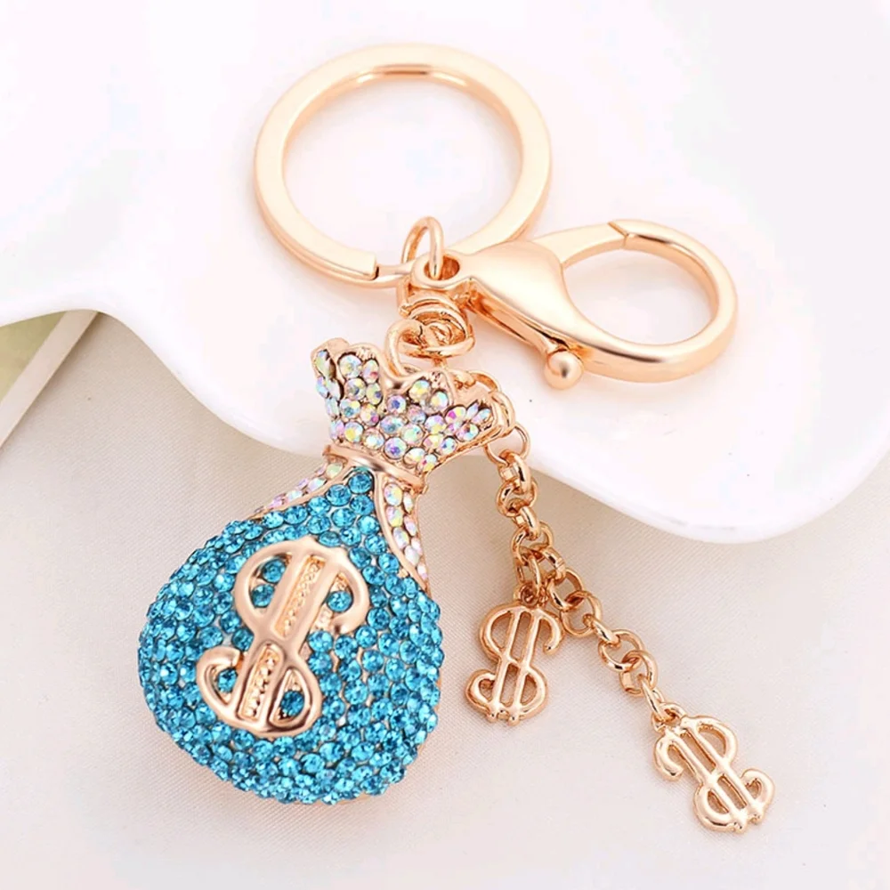 Bling Rhinestone Money Bag Keychain Crystal Purse Charm Gold Tone Blue